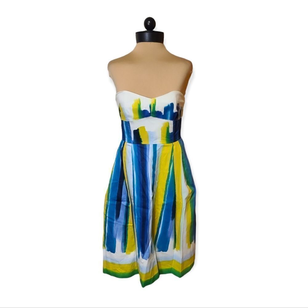 Calvin Klein White Blue Green Yellow Watercolor Strapless dress Size 6